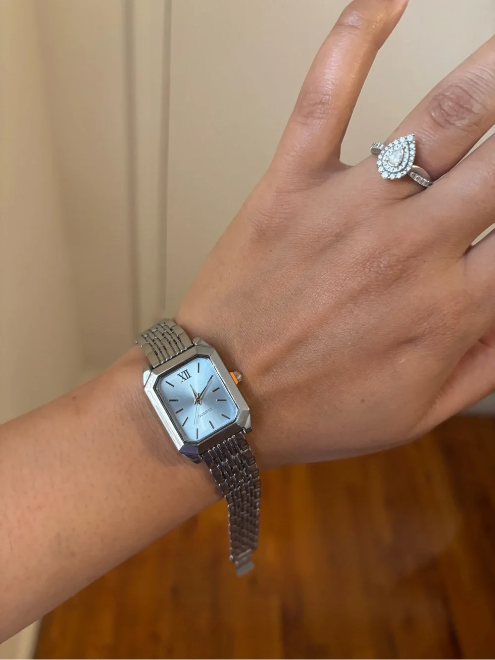 Silver Rectangular Quartz Bracelet Watch - Light Blue Dial